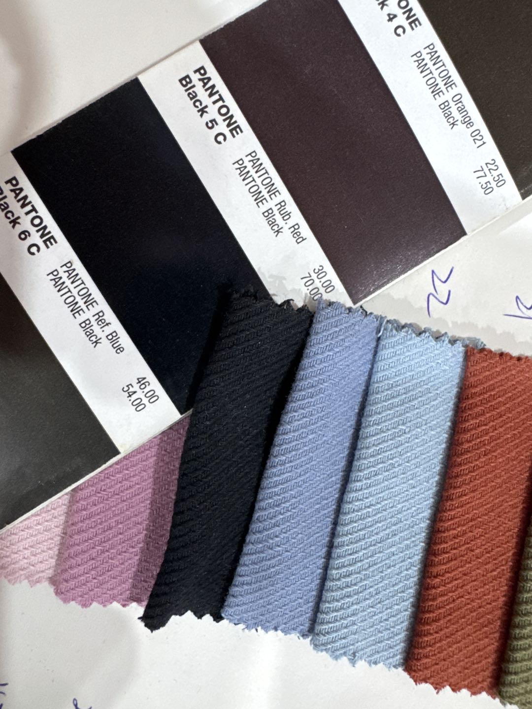 Próbki tkanin i wzorniki Pantone przy doborze kolorów nosidła Nelu